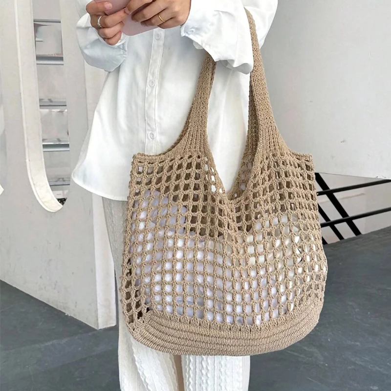 Boho Crochet Beach Tote Bag Lightweight Straw Shoulder Handbag for Summer