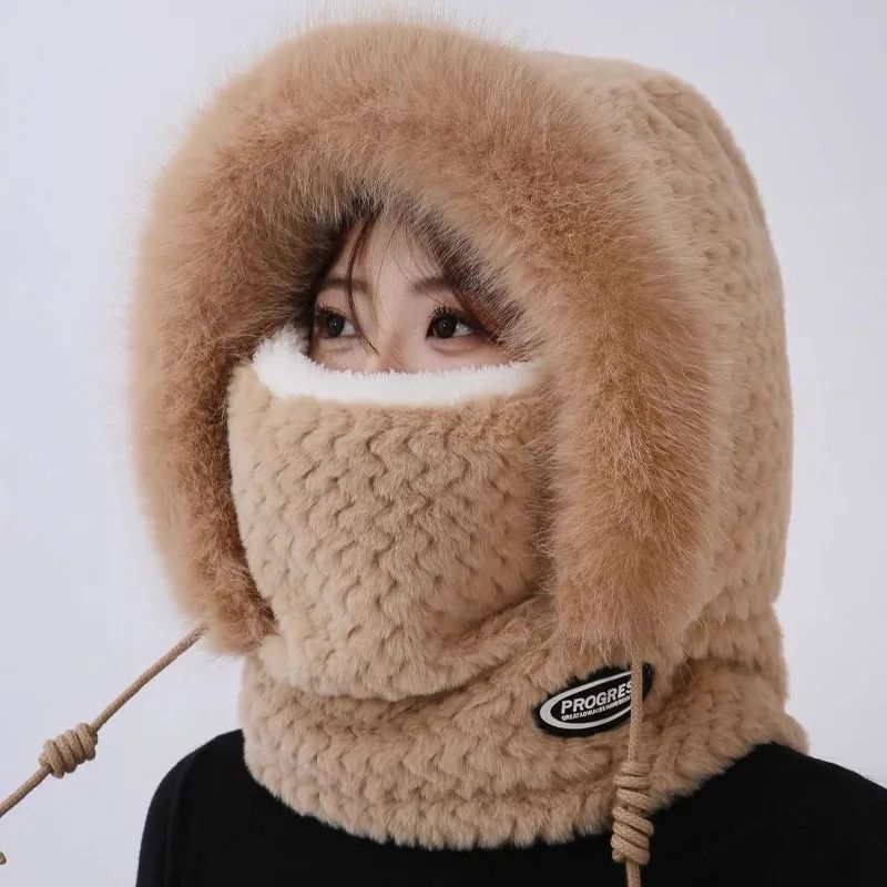 Women Thermal Plush Hood Hat Scarf Mask Set Windproof Winter Wear
