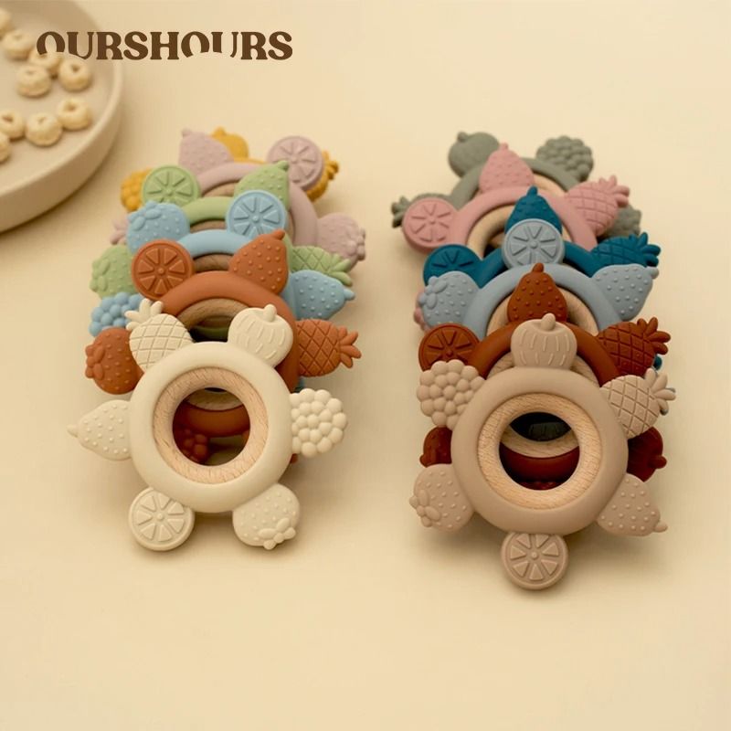 Fruit-Theme Silicone & Wooden Baby Teether – BPA-Free Infant Chewing Toy
