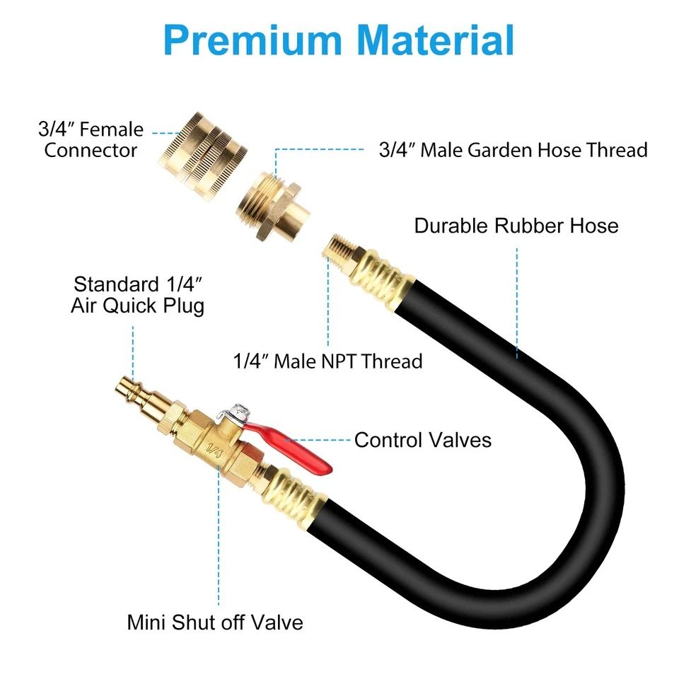 RV Winterizing Kit, Brass with Shut-Off Valve & Air Quick Plug, Water Line Blowout for Camper & Trailer