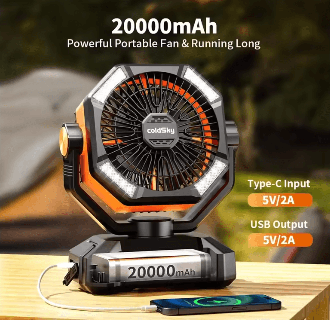 ColdSky 20000mAh Portable Camping Fan with LED Lantern and Power Bank