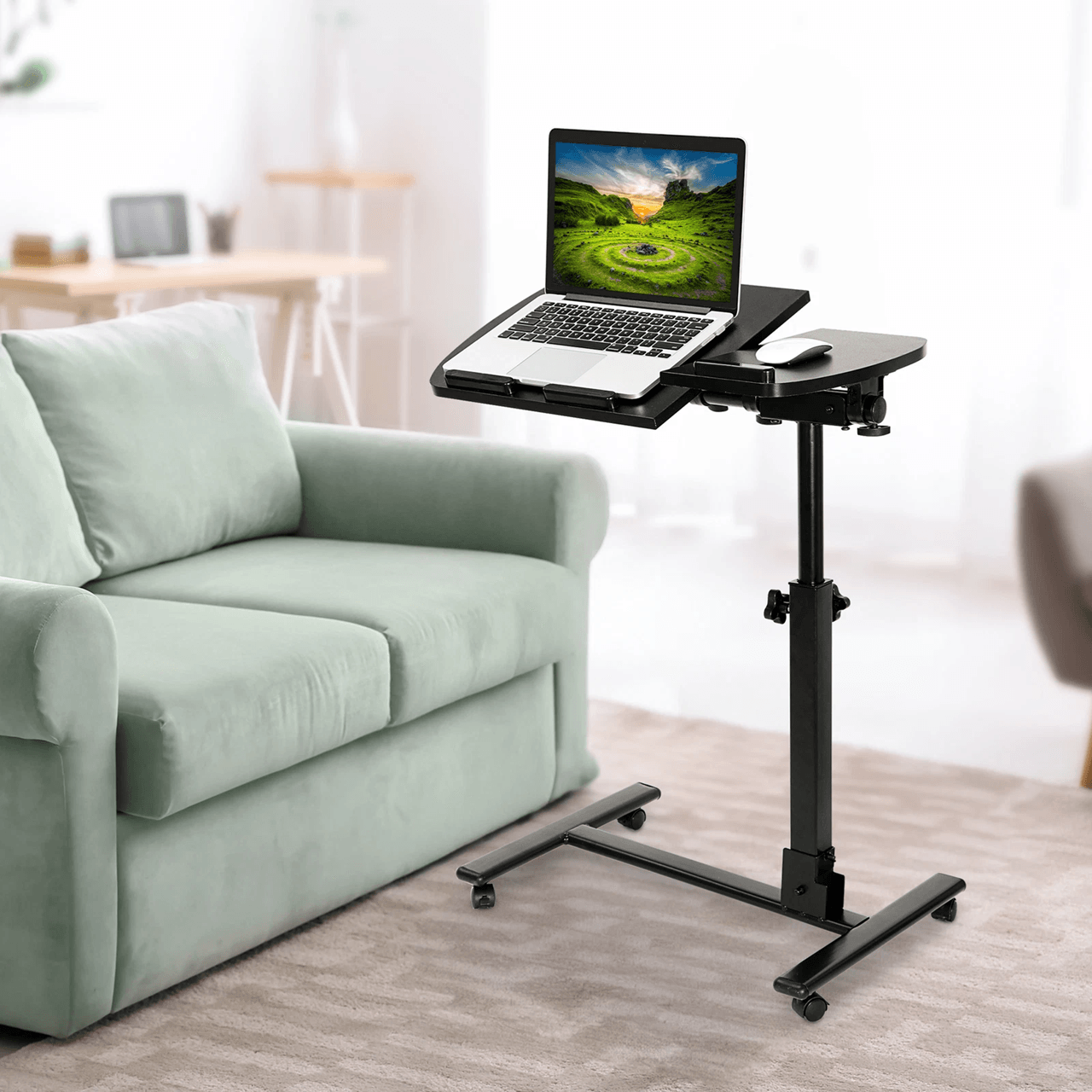 Adjustable Rolling Laptop Desk with Tilting Tabletop and Overbed Design