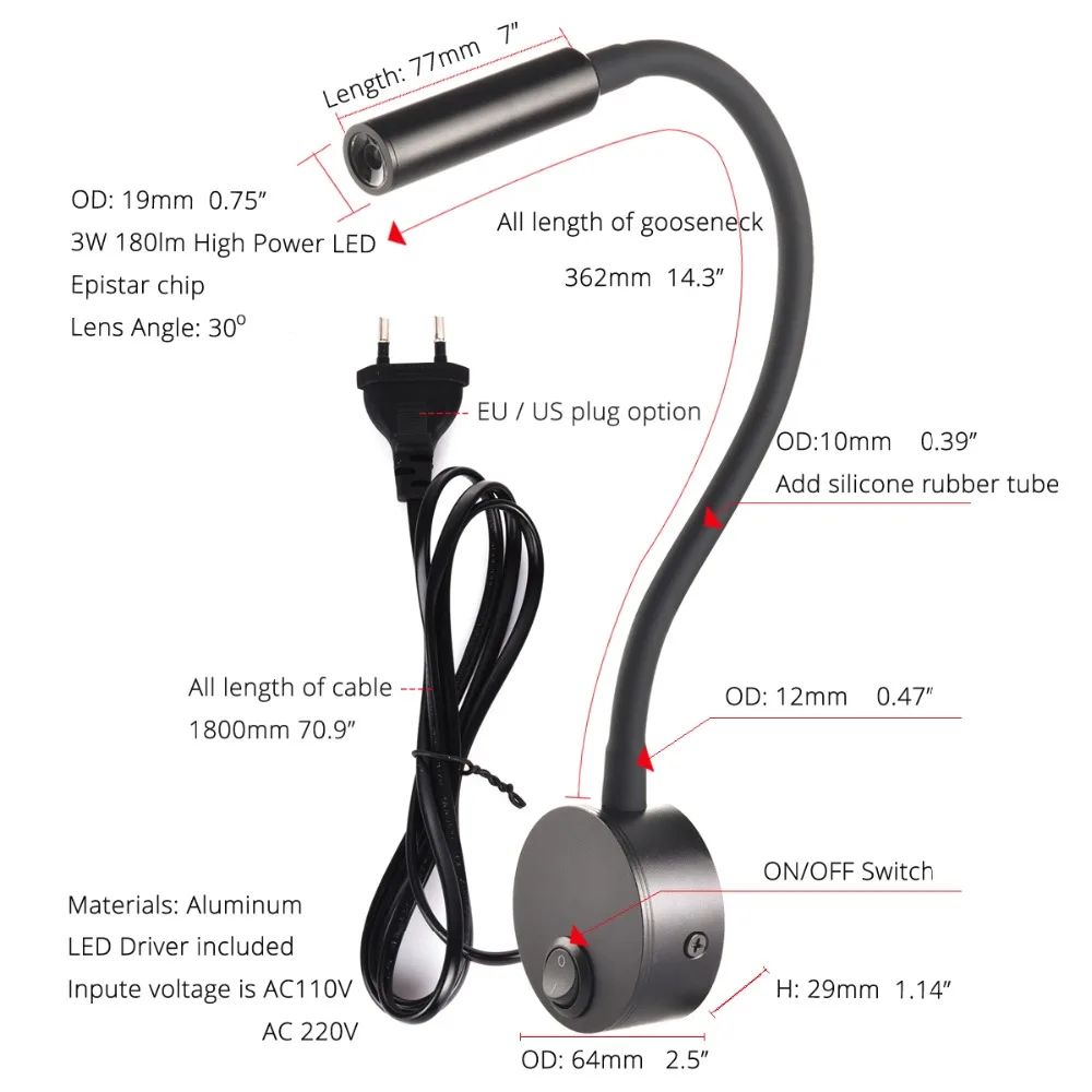 Flexible Gooseneck Clamp Wall Lamp LED Bedside Reading Light