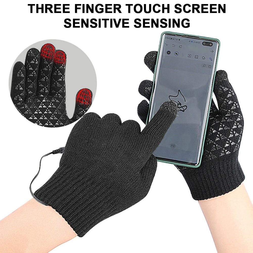 USB Electric Heated Full Finger Touch Screen Gloves Windproof Thermal Mitts