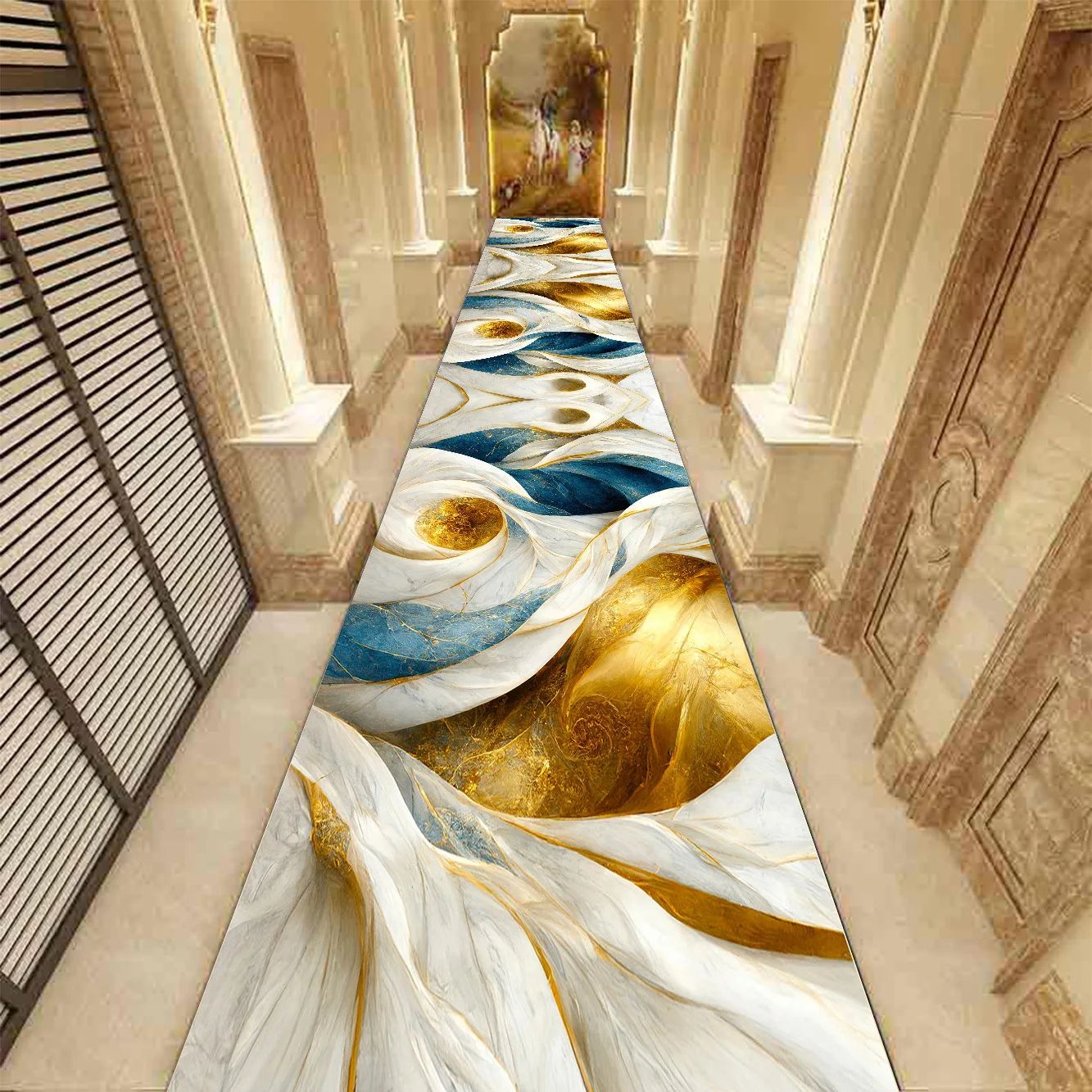 Golden Marble Runner Rug – Luxury Non-Slip Hallway & Stair Carpet