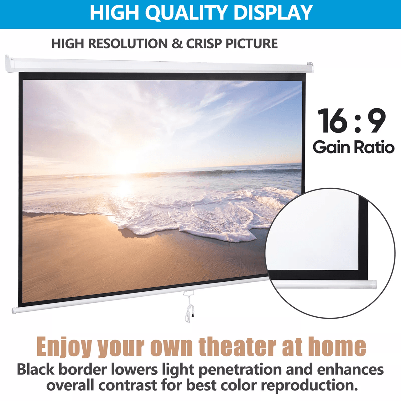 100 Inch Pull Down Projector Screen for Home Theater and HD Viewing