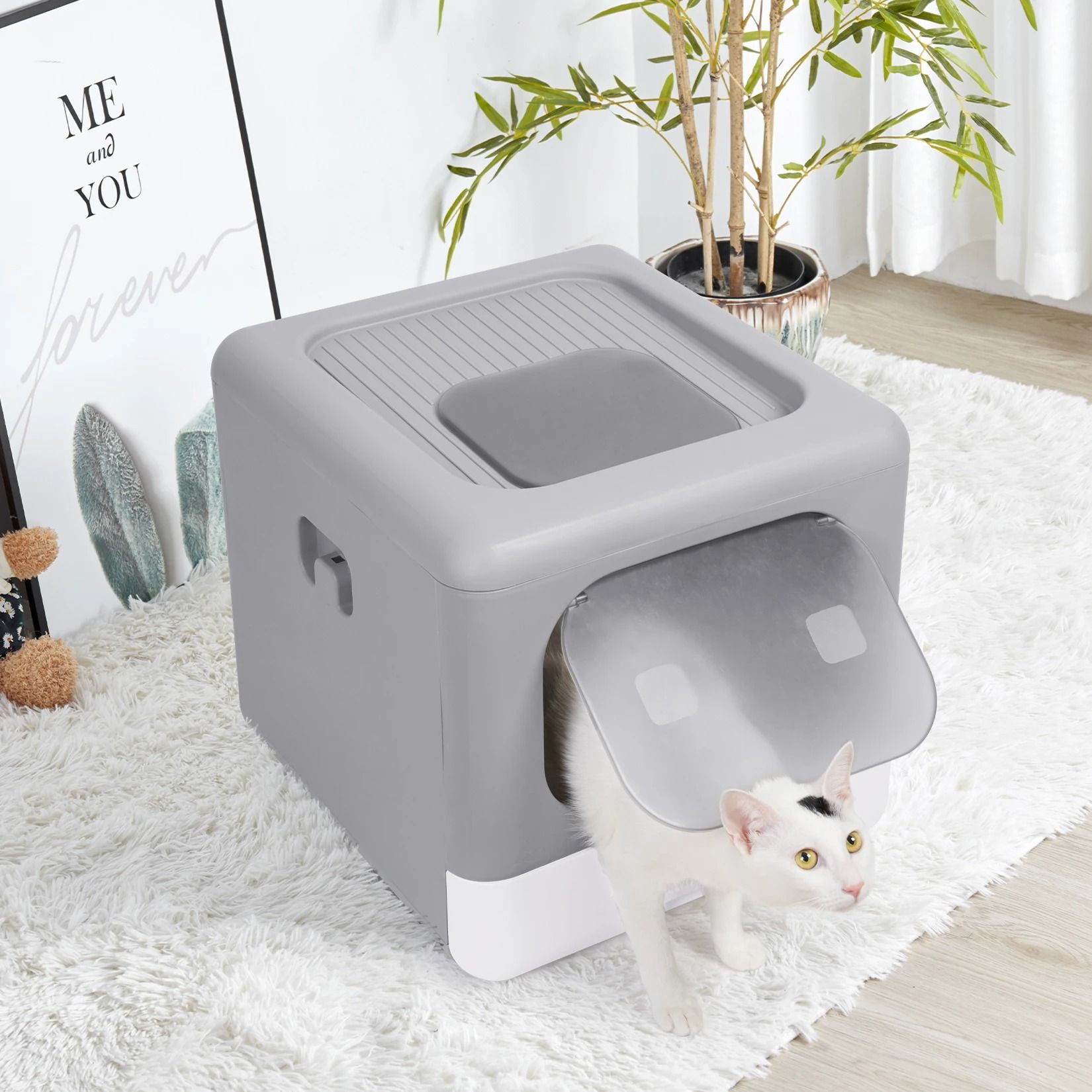 Foldable Enclosed Cat Litter Box with Sifting Drawer Front and Top Entry