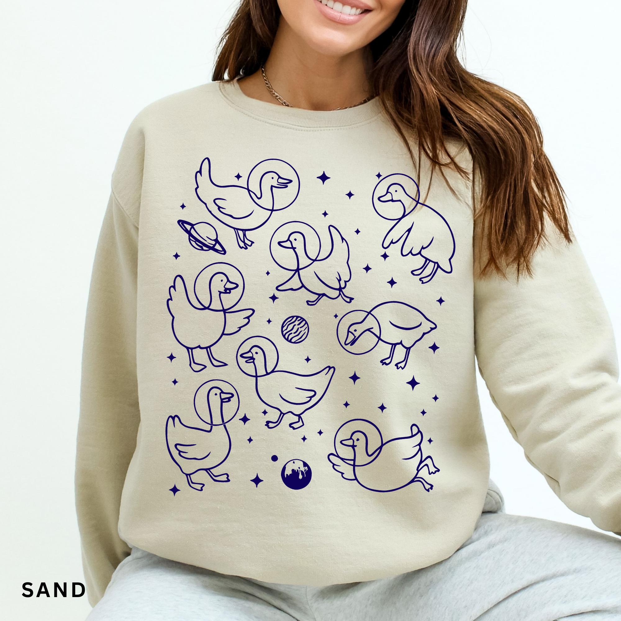 Geese in Space Sweatshirt, Funny Goose Shirt, Graphic Retro Goose Lover Gift, Goose Crewneck