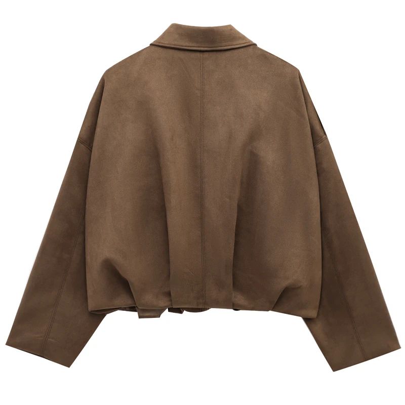 HXAO Cropped Suede Bomber Jacket Women Lapel Zipper Racing Coat
