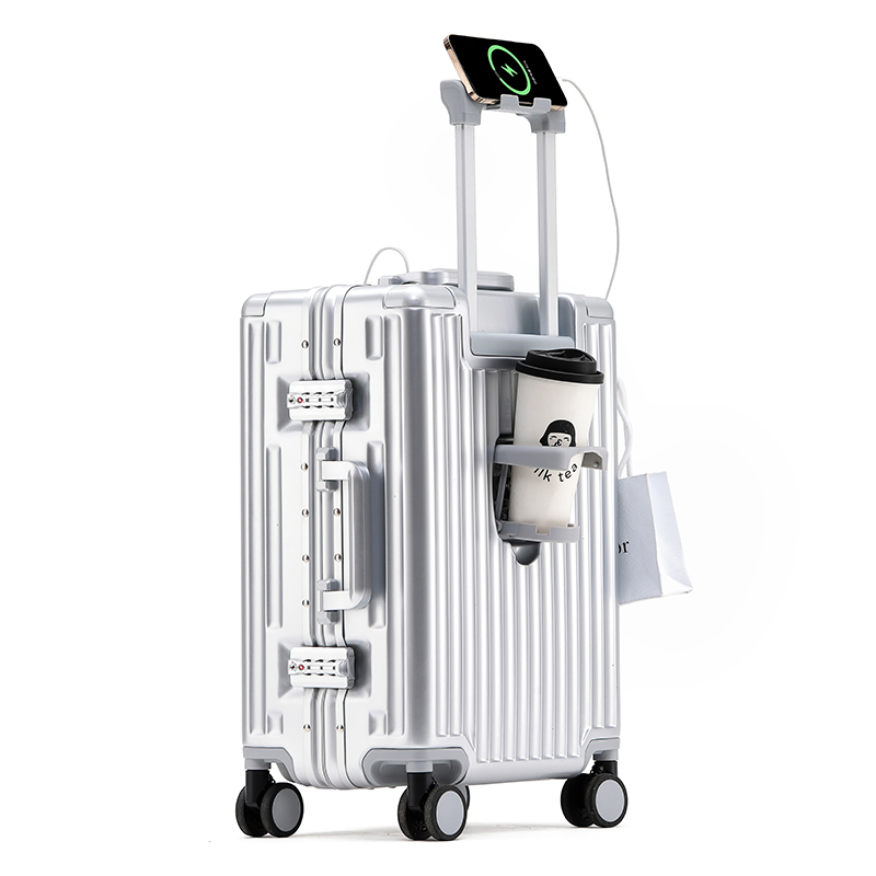 Aluminum Frame Trolley Case, Silent Wheels, Mobile Phone Holder, USB Charging for Vacation & Business Trips