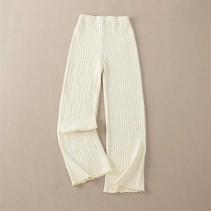 Women Autumn Winter Thick Knitted Pant, Wide Leg Fashion Straight Trousers, Casual Elastic Knit Pants Striped Pantalon