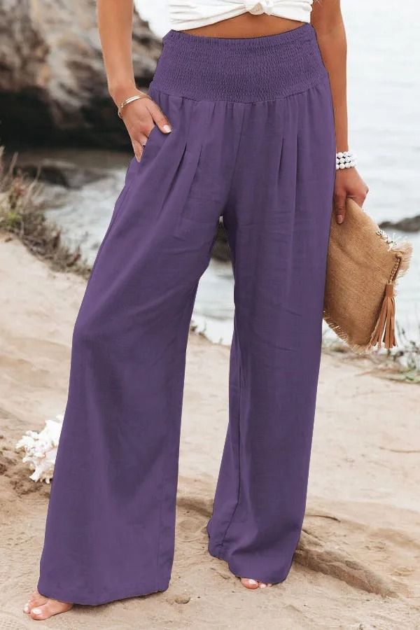 Women Drawstring Wide Leg Casual Pants Mid Waist Beach Trousers