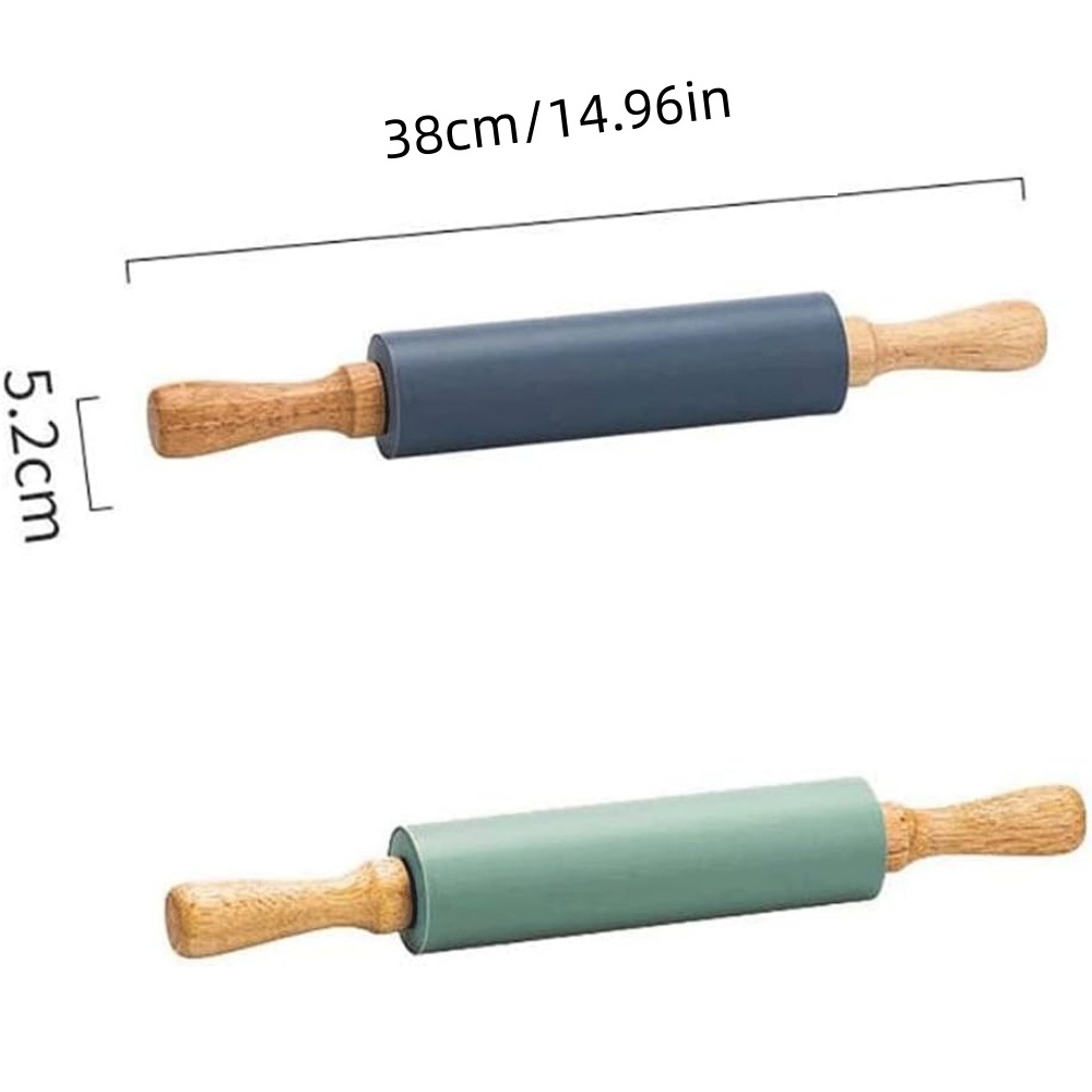 Non Stick Silicone Rolling Pin with Wooden Handle for Easy Baking & Rolling Dough