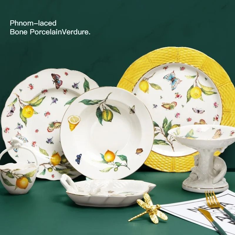 European Style Lemon Pattern Ceramic Dining Set – Elegant Dinner, Steak & Dessert Plates