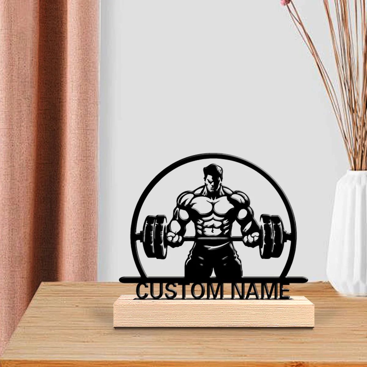 Personalized Weightlifting Metal Sculpture with Wooden Base – Custom Fitness Art Gift