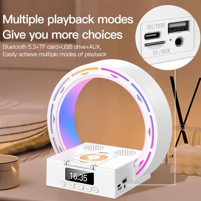 Desktop Bluetooth Speaker Alarm Clock with Night Light Wireless Charger USB AUX