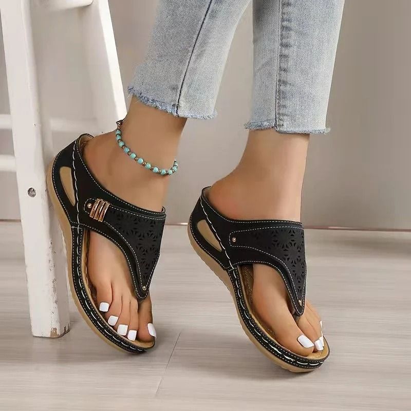 Woman Leather Non Slip Soft Platform Flip Flops Summer Wedge Sandal with Heel Orthopedic