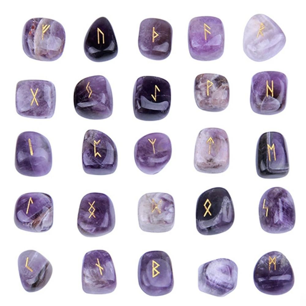 Natural Crystal Rune Stones Set 25PCS Quartz Agate Reiki Healing Witches Energy Crystal Carving
