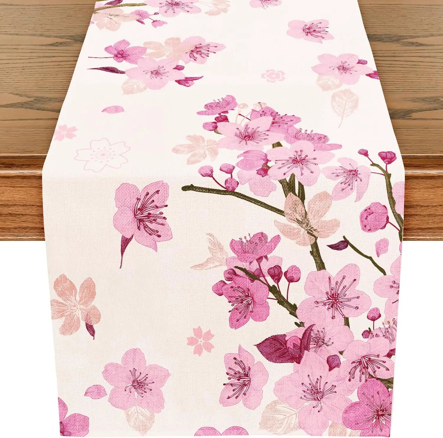 Spring Cherry Blossom Linen Table Runner – Farmhouse Floral Table Decor for Weddings, Parties & Dining