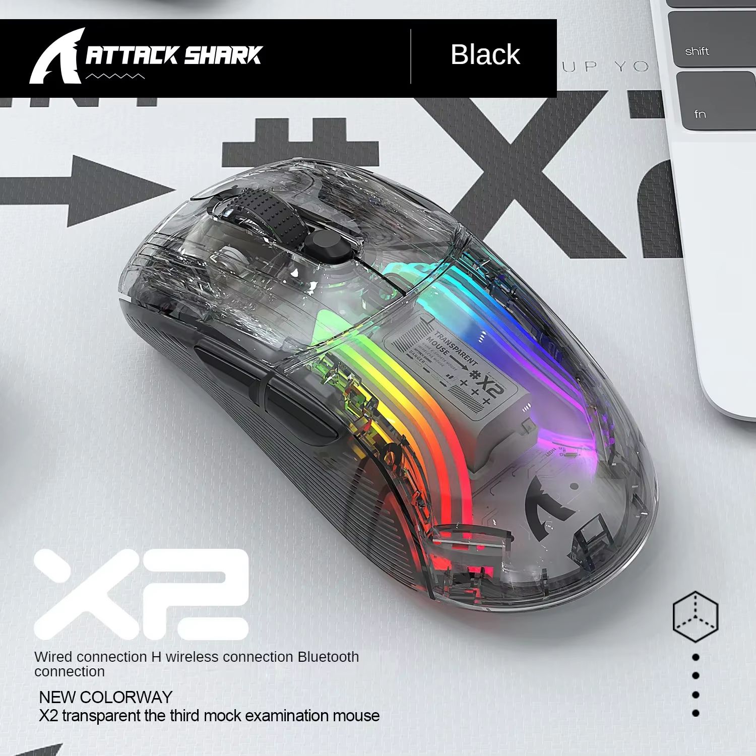 ATTACK SHARK X2 Pro Transparent Shell Wireless Gaming Mouse – Tri-Mode (2.4G / BT / Wired) with RGB Dock & Up to 4000 dp