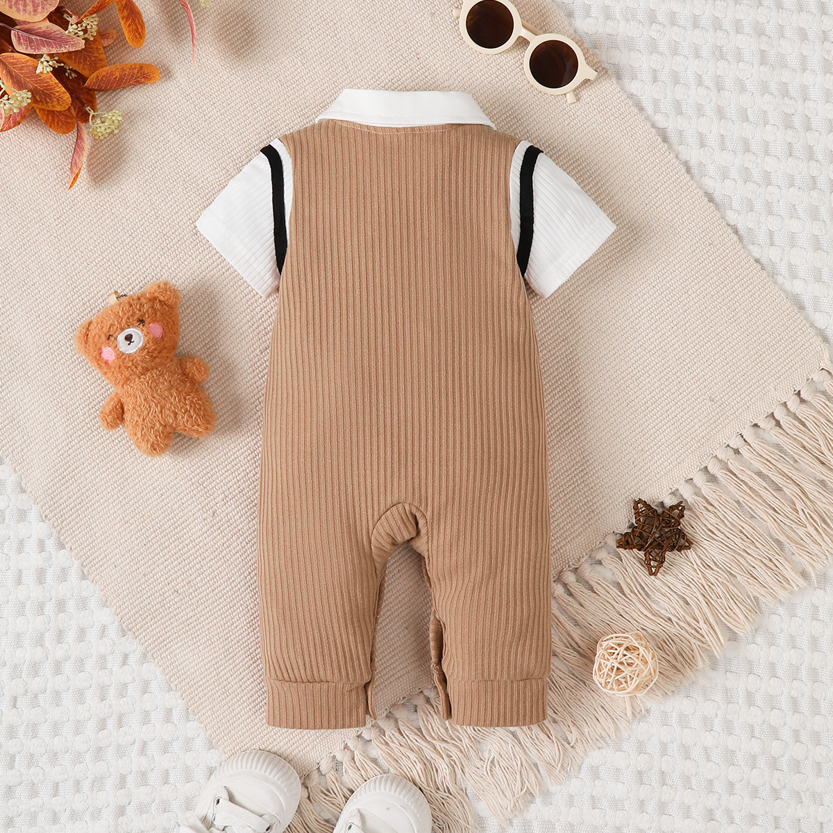 Baby Boy Jumpsuit, Collar Cartoon Teddy Bear Short Brown Jumpsuit for Birthday Party & Photo Shoots
