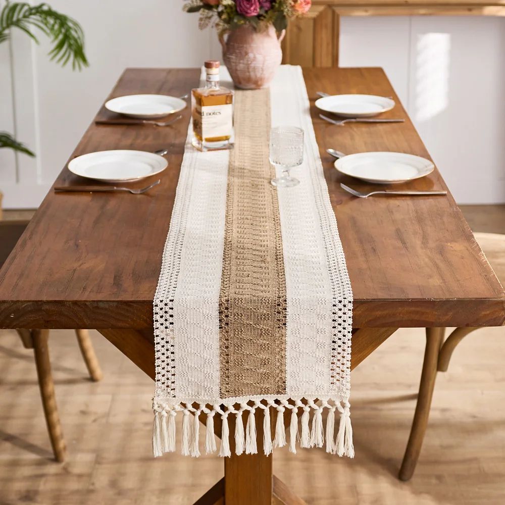 Boho Macrame Table Runner with Tassels for Farmhouse Table Decor