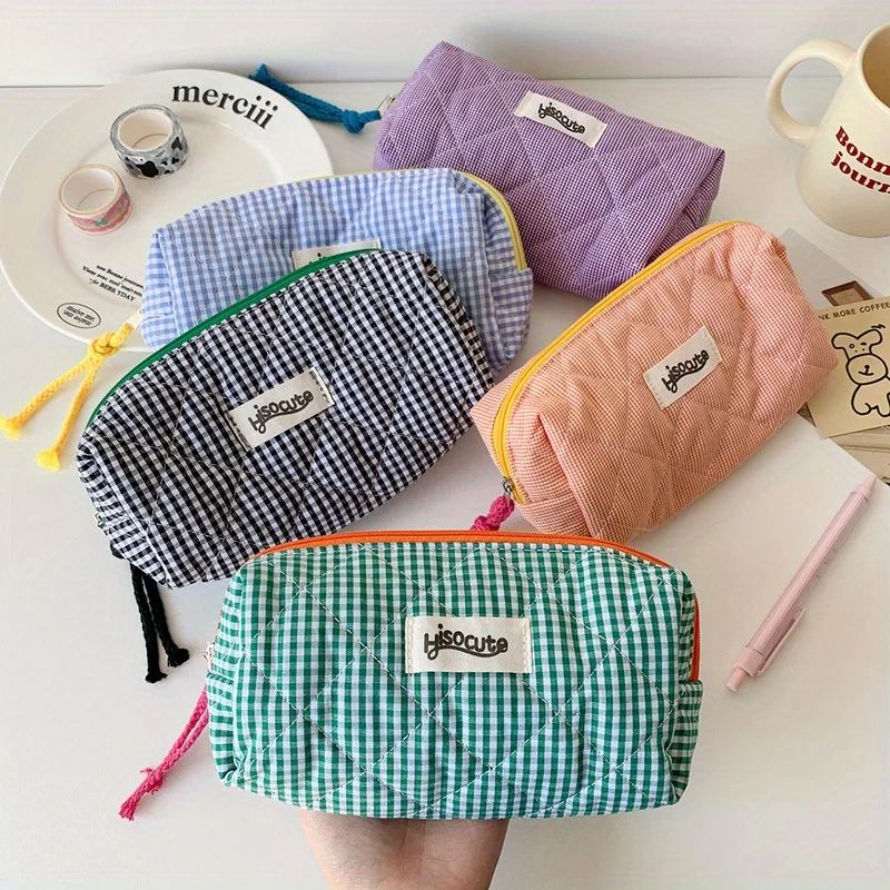 Color Block Checkered Cosmetic Storage Bag