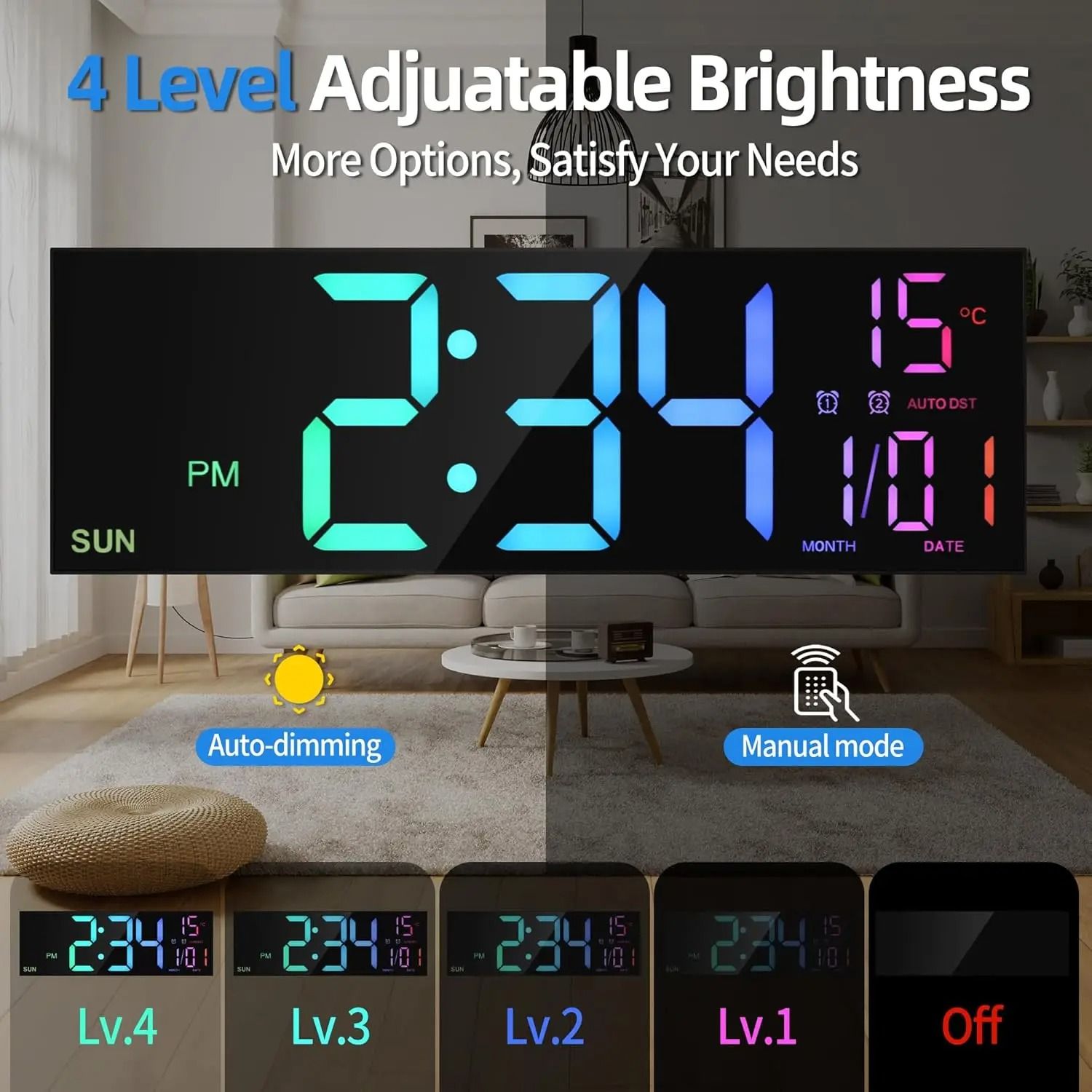 16.2 Inch Large RGB Digital Wall Clock with Remote Control