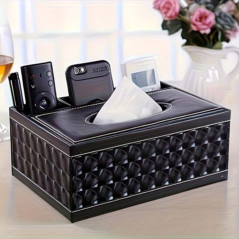 Stylish Living Room Decor Faux Leather Tissue Box Cover with Remote Holder Desktop Storage Organizer