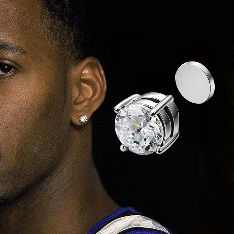 Crystal Magnetic No-Pierce Stainless Steel Stud Earrings for Men, Punk Zircon Magnet Earrings, Non-Piercing Jewellery