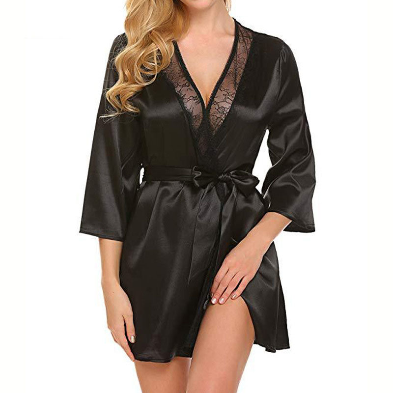 Soft Comfortable Lace Satin Robe, Kimono Nightgown Bathrobe, Plus Size Lingerie Nighty Dress Black