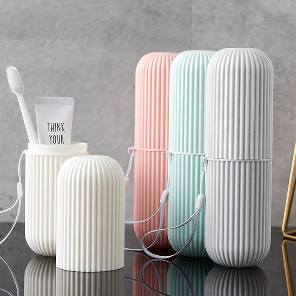 Portable Toothbrush Storage Case with Vertical Stripe Mouthwash Cup