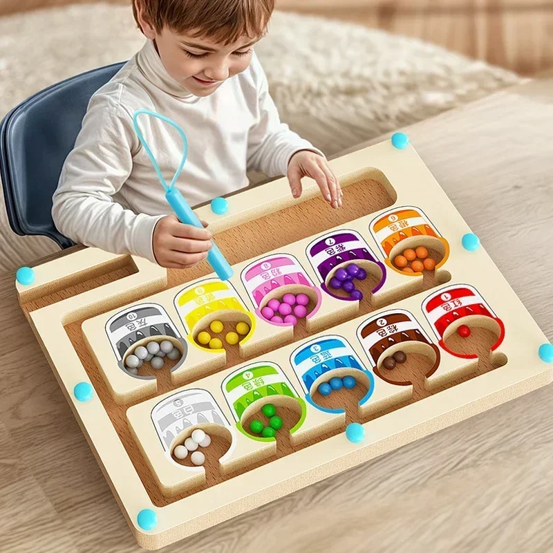 Montessori Magnetic Color Sorting Maze Board, Educational Wooden Bead Games for Kids