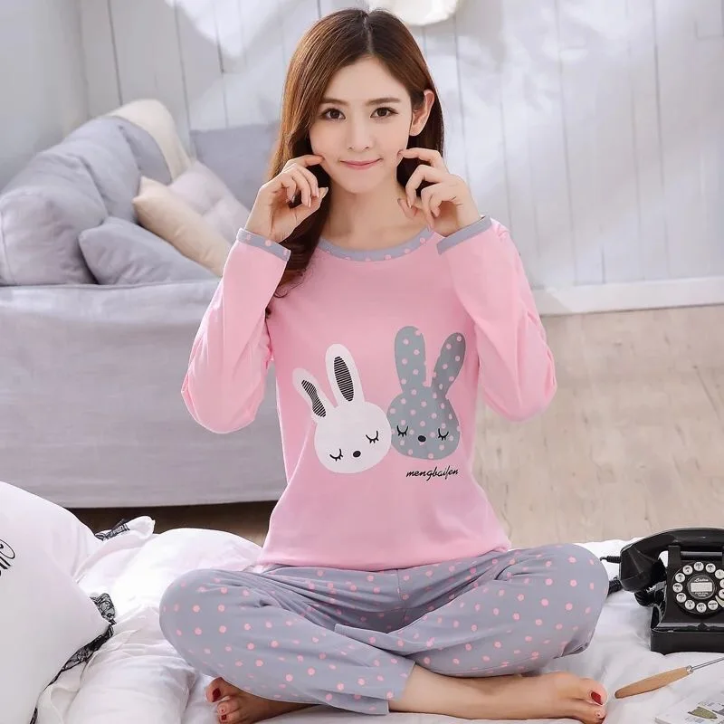 Women Autumn Thin Pyjamas Set, Round Neck Bear Pajamas, Teacup Cat Full Sleepwear Tops, Lovers Pajama Mujer