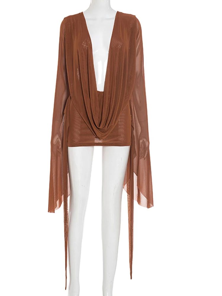 Blush Allure Ruched Sheer Mesh Mini Dress – Flare Sleeve V-Neck Beach Cover Up & Night Out Dress