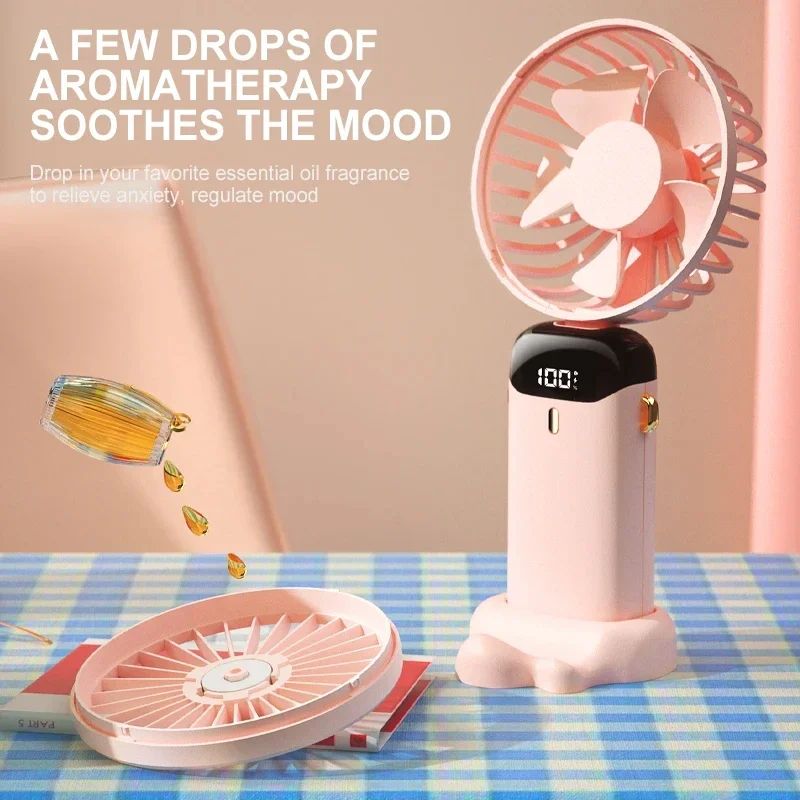 Foldable Handheld Mini Fan with Neck Hanging Design, 5 Speed USB Rechargeable Fan with Phone Stand, LED Display and 1800