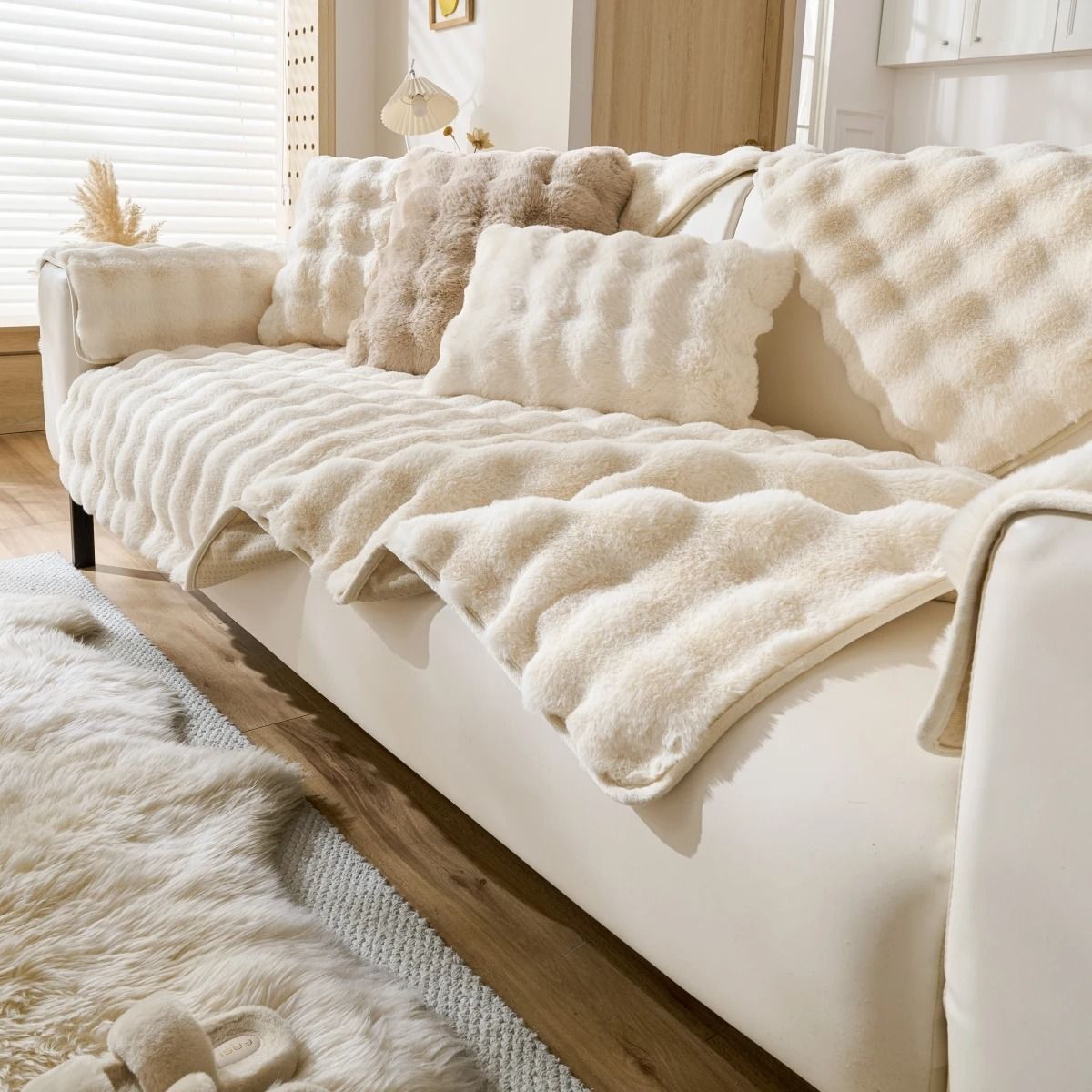 Thick faux rabbit fur sofa slipcover non slip plush couch cushion cover