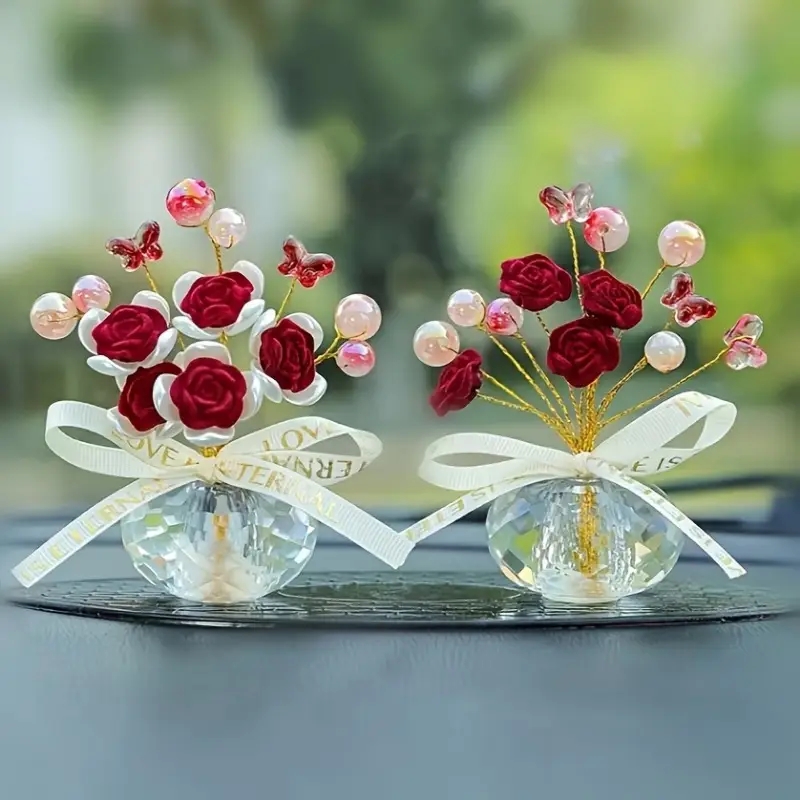 Crystal Glass Rose Dashboard Ornament - Elegant Decor for Home Bedroom Car, Perfect Holiday Gift for Christmas.