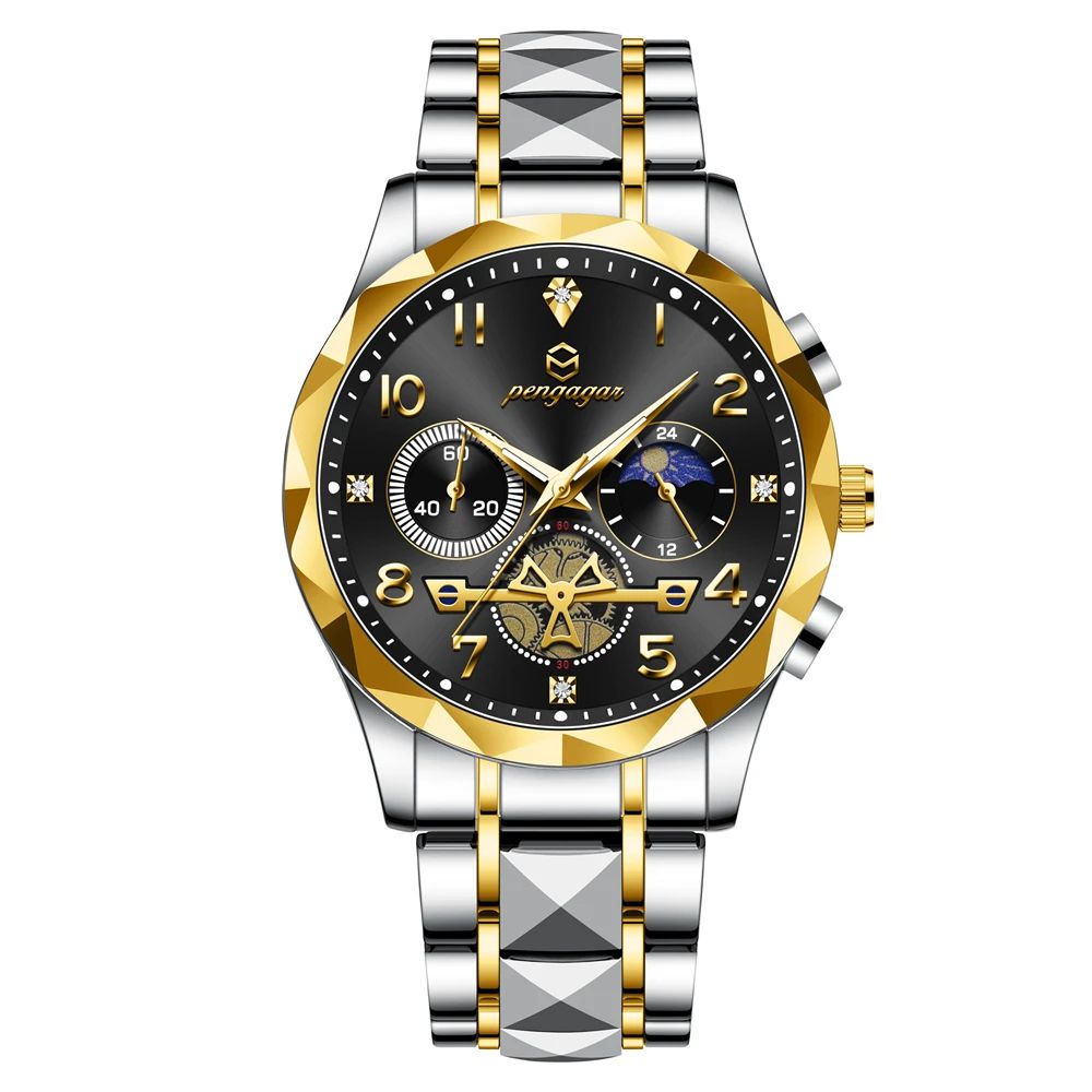 PAAZOMU Luxury Stainless Steel Men's Chronograph Quartz Watch with Moon Phase