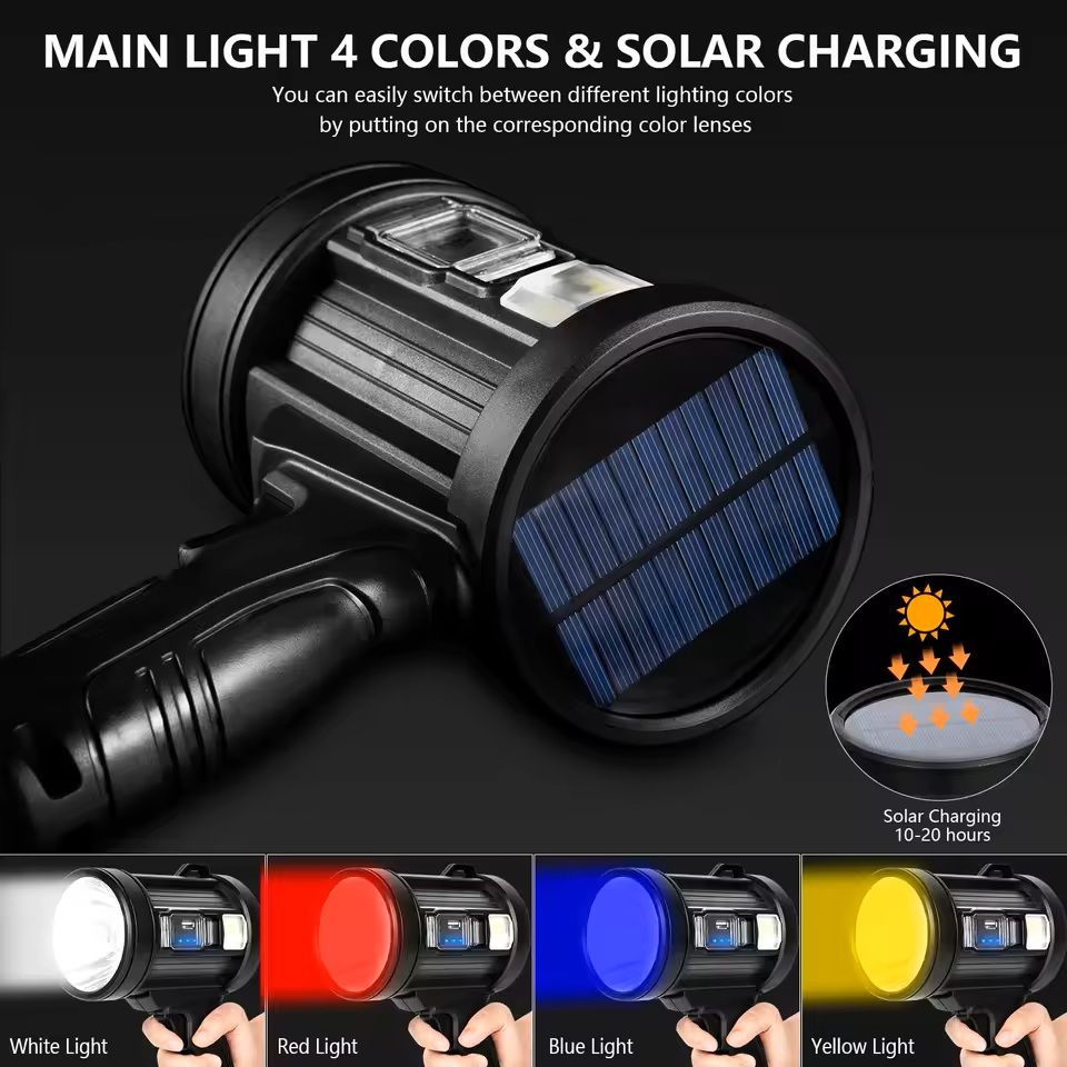Rechargeable Spotlight 1000000 Lumens Handheld Flashlight with COB and Solar Panels