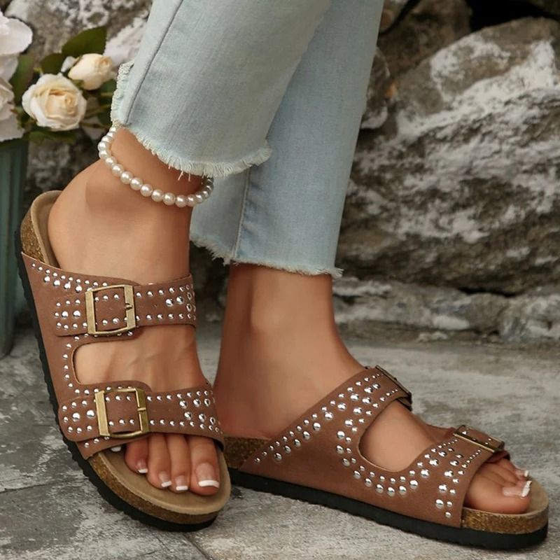 Summer Suede Flat Slipper Women Soft Bottom Rivet Street Slide Buckle Strap