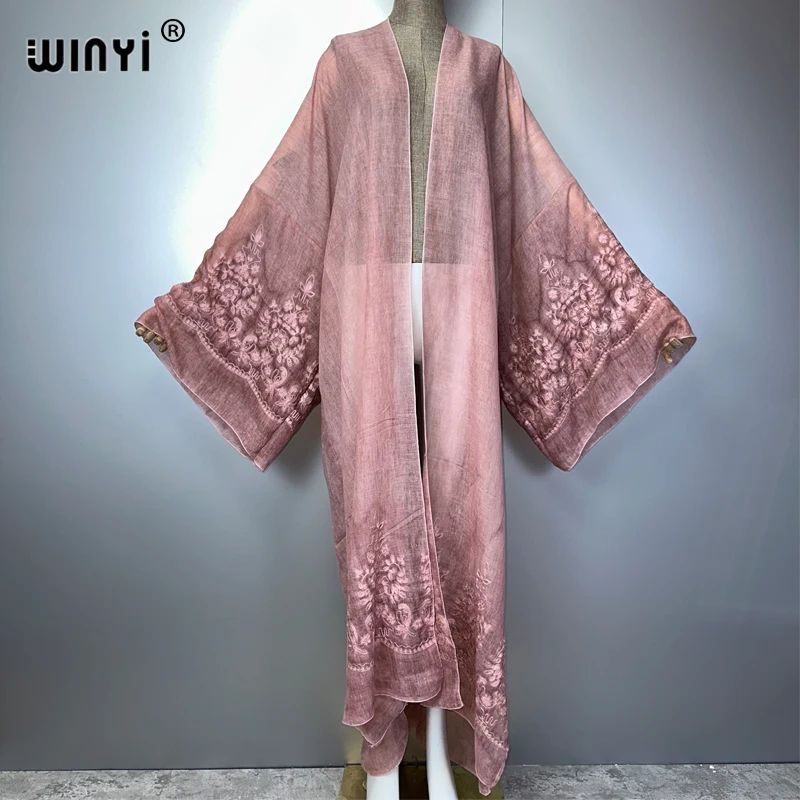 Hand-Dyed Embroidered Beach Kimono Maxi Cover Up