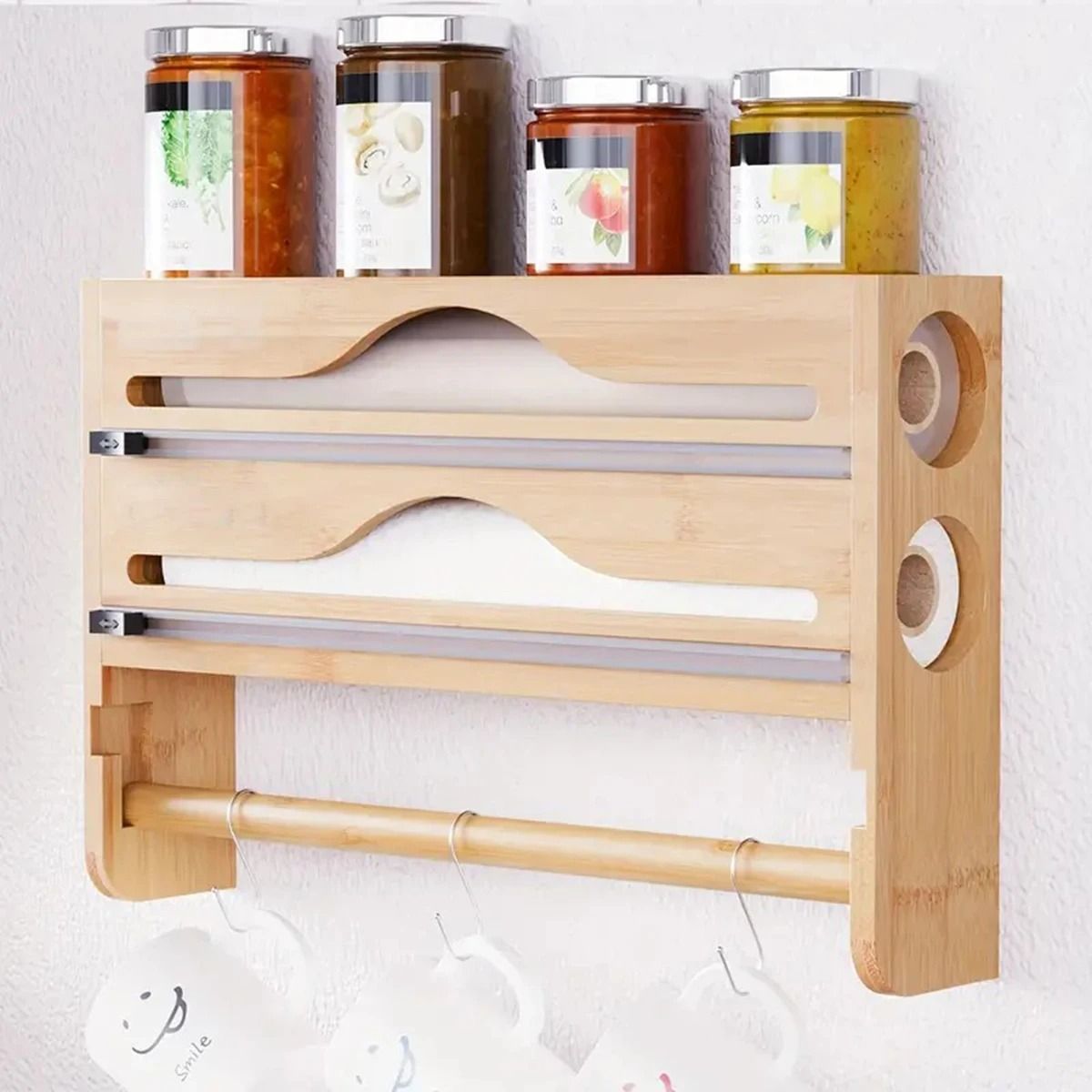 Zen Timber Nexus | Bamboo 2-Compartment Film & Foil Cutter | Wall-Mounted Paper Towel Organizer