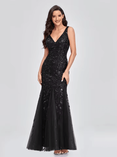 Elegant V Neck Sequin Dress Sleeveless Socialite Summer Evening Gown