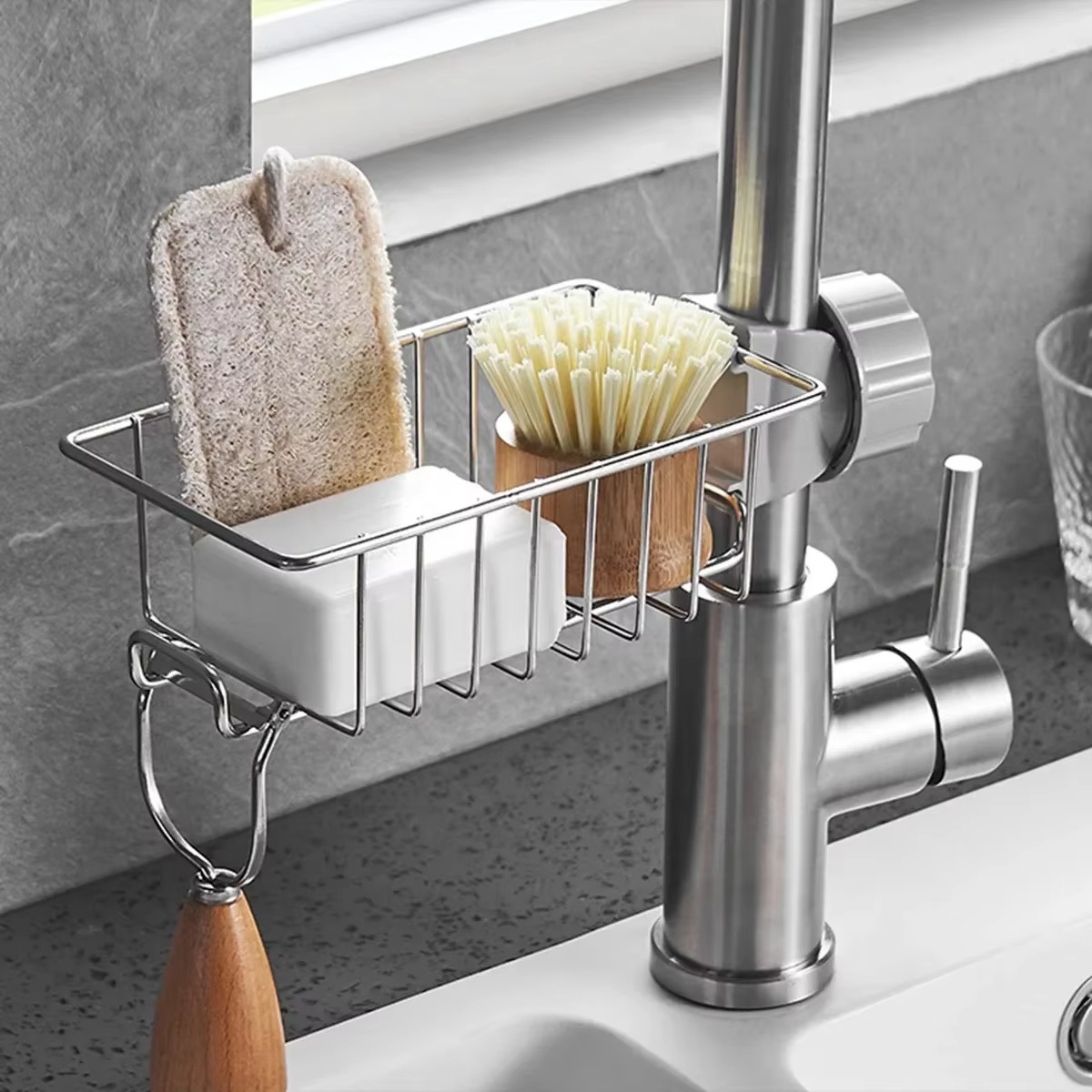 Stainless Steel Kitchen Sink Drain Rack - Multi-purpose Soap, Sponge & Towel Holder Organizer for Faucet