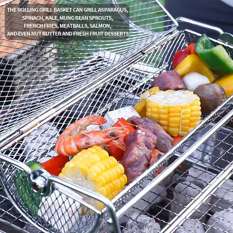 Stainless Steel Rotating BBQ Grill Basket for Roasting and Grilling