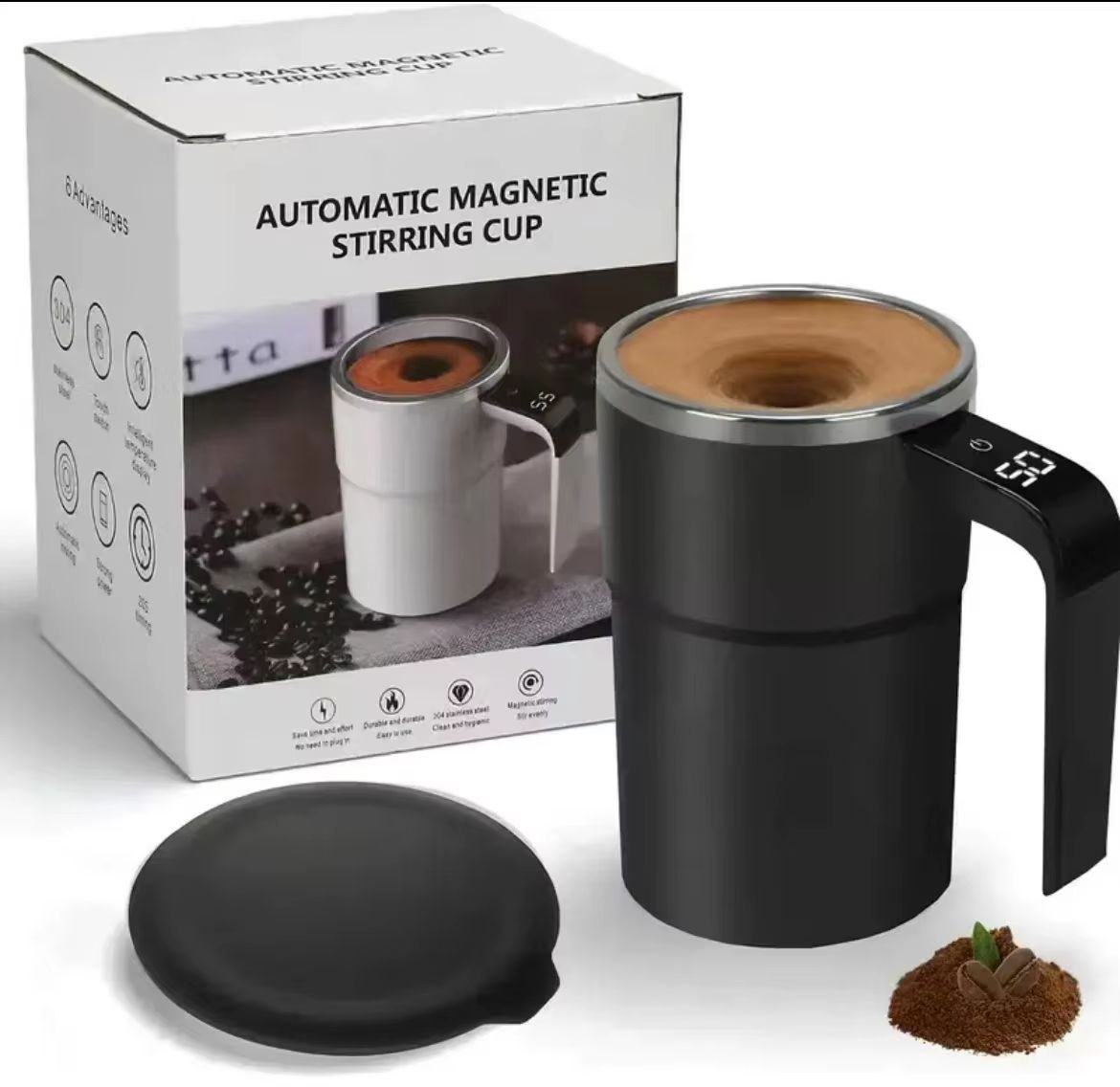 Rechargeable Self Stirring Mug with Digital Temperature Display and Magnetic Mixing