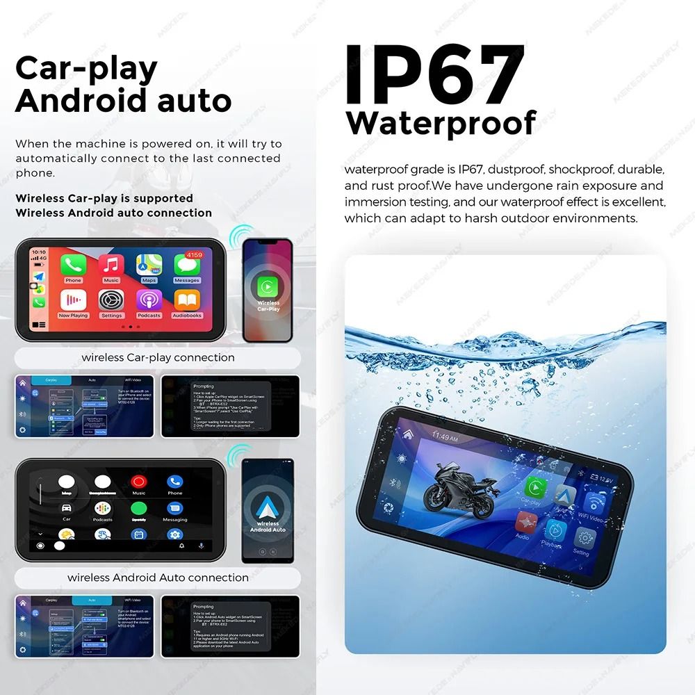 Waterproof Motorcycle GPS with CarPlay Android Auto and Optional DVR TPMS