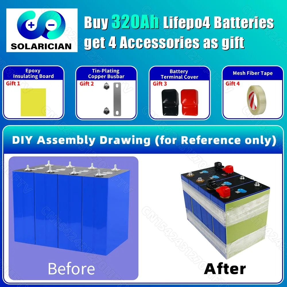 Grade A 320Ah LiFePO4 3.2V Rechargeable Battery Cell for RV Solar Golf Cart and DIY Energy Storage