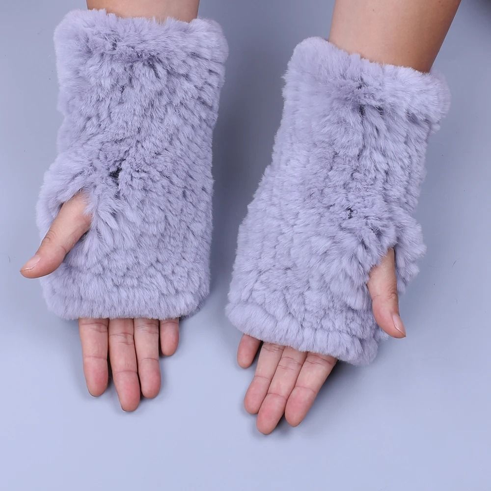 Luxury Rex Rabbit Fur Fingerless Gloves Fluffy Womens Winter Wrist Warmers